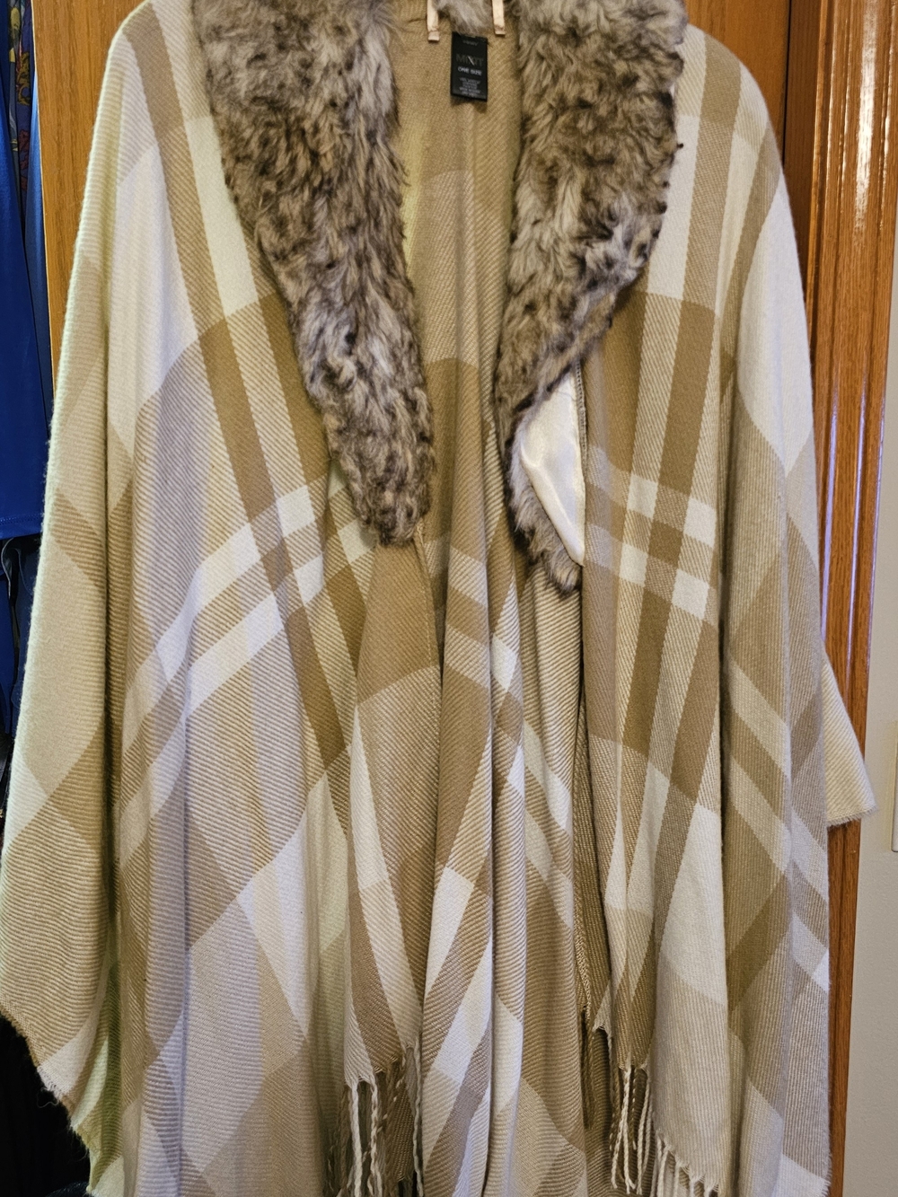 Mixit Beige and Cream Plaid Poncho with Faux Fur Collar